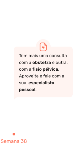 Tem mais uma consulta com a obstetra e outra, com a fisio pélvica. Aproveite e fale com a sua especialista pessoal.